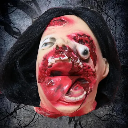 Vista 5 de RiceelSor Decoración colgante de cabeza dividida para Halloween, diseño de cadáver sangriento, de terror, de tamaño real, con peluca, disfraz