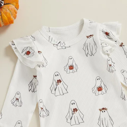 Vista 3 de Mandizy Ropa de bebé de Halloween para niña, conjunto de falda con tirantes de calabaza, fantasma, manga larga, mameluco de pana, vestido de overol