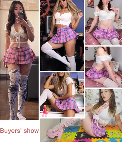 Vista 2 de Avidlove Lencería para mujer, disfraz de minifalda a cuadros, uniforme de colegiala, juego de rol