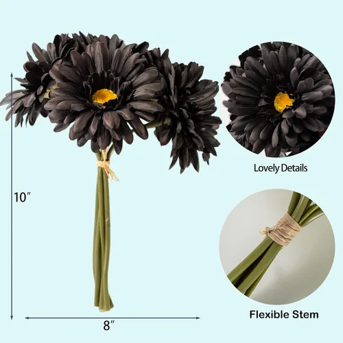 Vista 5 de TOPIA Margaritas africanas artificiales, margaritas africanas, flores de seda, gerberas artificiales, paquete de 10 unidades (negro)