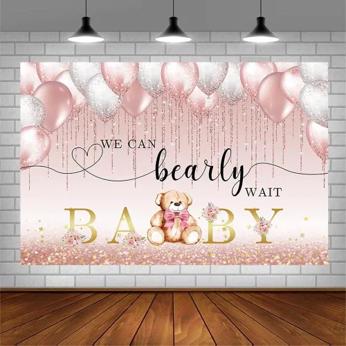 Vista 3 de AIBIIN Telón de fondo para baby shower de oso de 7 x 5 pies para niña, We Can Bearly Wait to Meet You con globos rosados, flores de oro rosa
