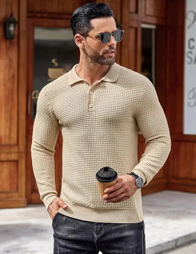 Vista 4 de COOFANDY Polo de punto para hombre, de manga larga, ligero, a la moda, informal, con cuello
