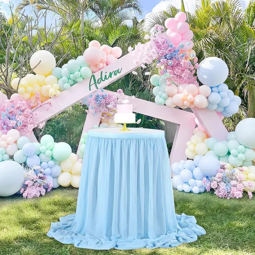 Vista 4 de QueenDream Falda de mesa de gasa azul bebé de 6 pies para mesa rectangular, mantel transparente para baby shower, boda, cumpleaños, fiesta temática