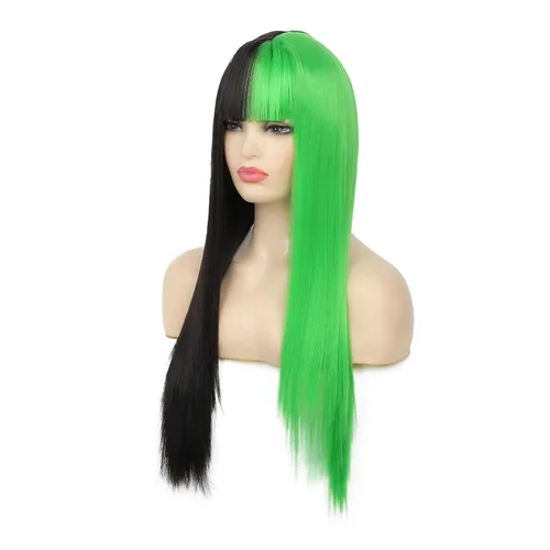 Vista 3 de Dai Cloud Peluca mitad verde medio negro con flequillo largo recto Halloween Cosplay Pelucas para mujeres sintético resistente al calor