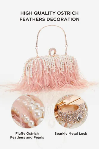 Vista 2 de BABEYOND Bolso de mano de plumas de avestruz para mujer, bolso de noche con perlas, bolso de hombro para fiesta de los años 20, baile de graduación