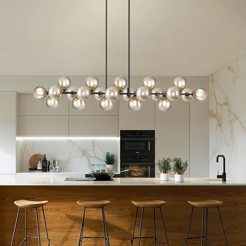 Vista 7 de Candelabro lineal negro Sputnik de 70 pulgadas, lámpara de comedor con 22 luces, globo de vidrio, lámpara lineal ahumada para granja, sala de estar