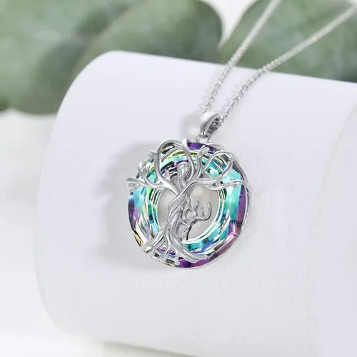 Vista 3 de TOUPOP - Collar de plata de ley con árbol de la vida, madre y 1 niño, 2 niños, 3 niños, collar con dije de árbol genealógico y cristal para el día