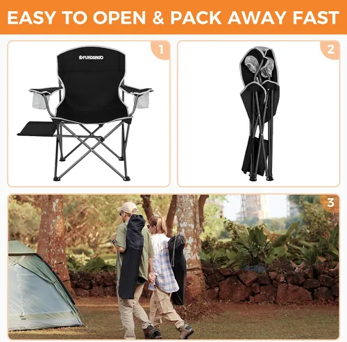 Vista 7 de FUNDANGO Silla de camping acolchada plegable, portátil con respaldo completo para exteriores, con soporte para tazas y mesa auxiliar, bolsillo Negro