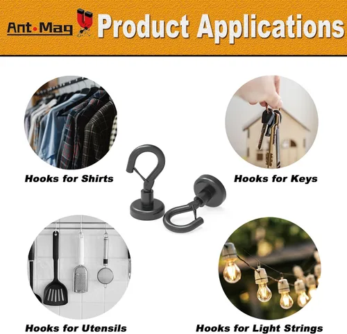Vista 5 de Ant Mag Ganchos magnéticos negros resistentes con broche de presión de 22 libras, ganchos magnéticos fuertes, ideales para colgar en refrigerador