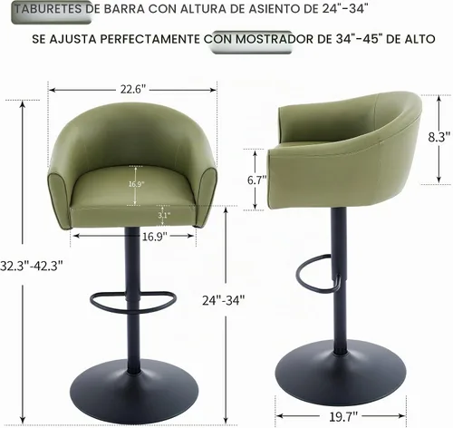 Vista 3 de FIRAVOE Juego de 2 taburetes de bar, taburetes de bar giratorios con respaldo y brazos, silla de bar ajustable de piel sintética de 24 a 34