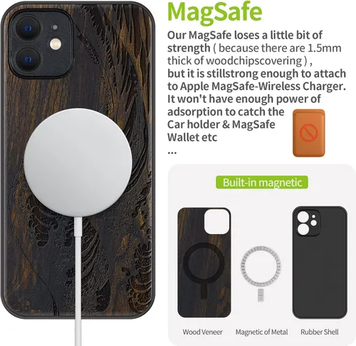 Vista 5 de Carveit Funda magnética de madera para iPhone 12 [madera natural y TPU suave] a prueba de golpes, funda de madera única y elegante compatible