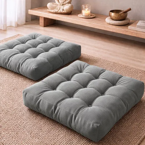 Vista 28 de Degrees of Comfort - Cojines redondos y grandes de pana y capitoné para el suelo, meditación y sala tatami, para adultos, gris, 22 pulgadas Redondo