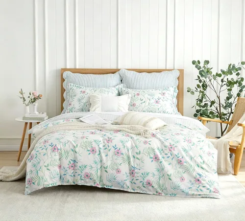 Vista 24 de Juegos de Fundas de Edredón Florales de Algodón 100% Natural de 2 Piezas - Funda de Edredón Blanco Grisáceo con Patrón de Flores y Ramas Lujosas