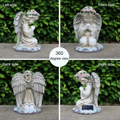 Vista 2 de Sharita Figura de ángeles rezando, estatuas solares de ángel de jardín, escultura de ángel arrodillado impermeable, adorno de decoración al aire