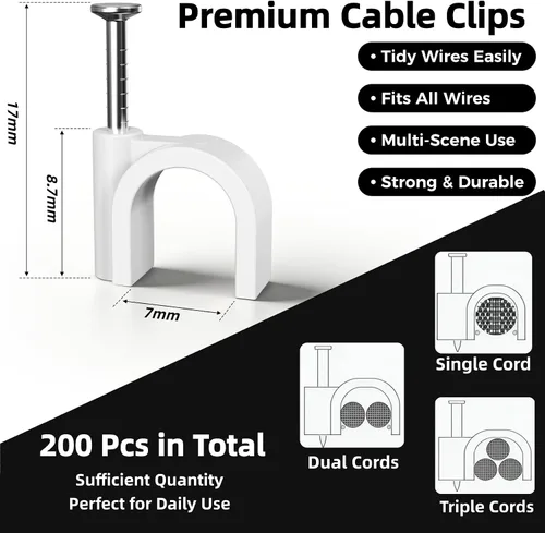 Vista 2 de 200 clips de cable de clavo, cables Ethernet, clips de pared, correas de cable, tachuelas con clip de cable para cable de altavoz, clip coaxial