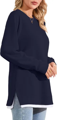 Vista 4 de YSYOKOW Women Crewneck Sweatshirt Long Sleeve Pullover Trendy Side Slit Tunic Casual Color Block Tops