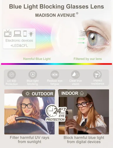 Vista 4 de Madison Avenue Gafas de bloqueo de luz azul con estilo cuadrado de moda para mujeres con estuche, elegantes gafas antirreflejos para computadora