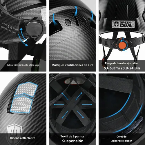 Vista 6 de Casco de seguridad con visera GREEN DEVIL con orejeras Bluetooth y faro 5 en 1 Protección completa Cascos de Construcción con ventilación Hardhat