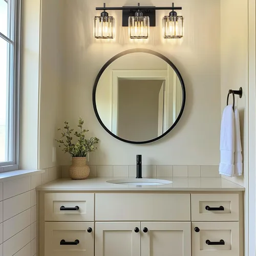 Vista 2 de Modernas luces de tocador de baño de cristal sobre el espejo, accesorios de iluminación de baño negro mate de 3 luces, accesorios de iluminación