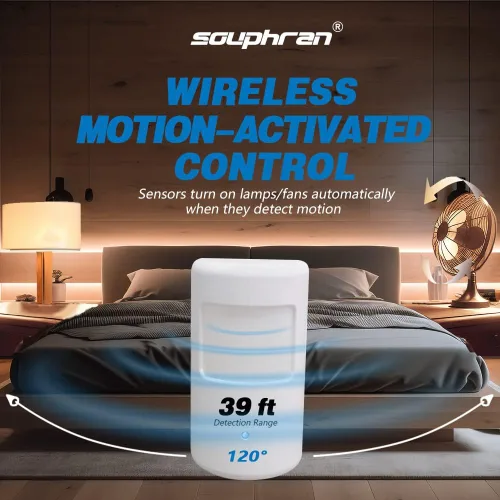 Vista 2 de Control de luz activado por movimiento enchufable mejorado, juego de detector de movimiento inalámbrico y enchufe Souphran, sin cableado, rango