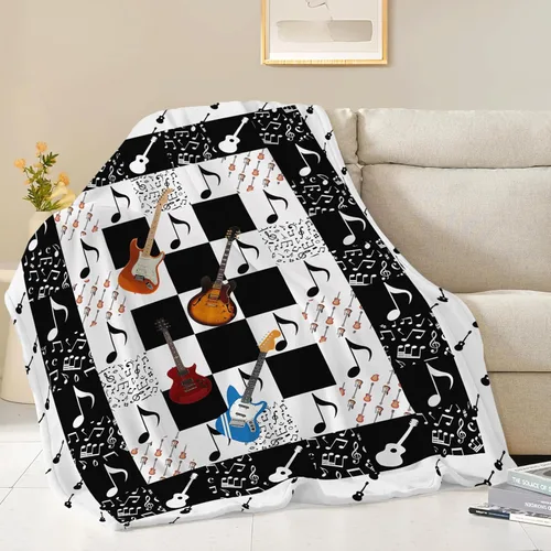 Vista 2 de Manta de guitarra, nota musical, guitarra, instrumentos musicales, manta de regalo para niños, niñas, niños, adultos, mujeres, hombres, súper suave