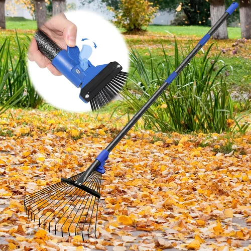Vista 9 de Rastrillo de jardín ajustable para hojas - Rastrillo de metal resistente con cabeza expandible de 8-17" de largo, mango largo para césped, arbustos