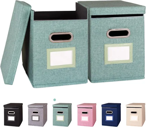 Vista 13 de Paquete de 2 Organizador de Carpetas de Archivos Colgantes con Tapa, Caja de Almacenamiento de Archivos de Tela Tamaño Carta Plegable, Soporte