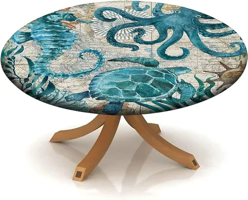 Vista 97 de Mantel redondo ajustable con borde elástico floral azul, mantel con borde elástico de estilo floral pastoral, almohadilla de mesa de poliéster
