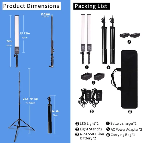 Vista 3 de Luz de video LED alimentada por batería, varita portátil de mano, regulable 2800-5500 K, kit de luz de estudio fotográfico con batería de iones