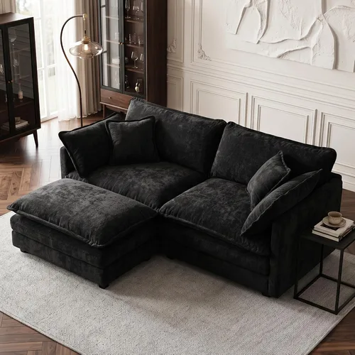 Vista 90 de Sofá individual modular de chenilla con otomana, sofá nube con almohada, color beige