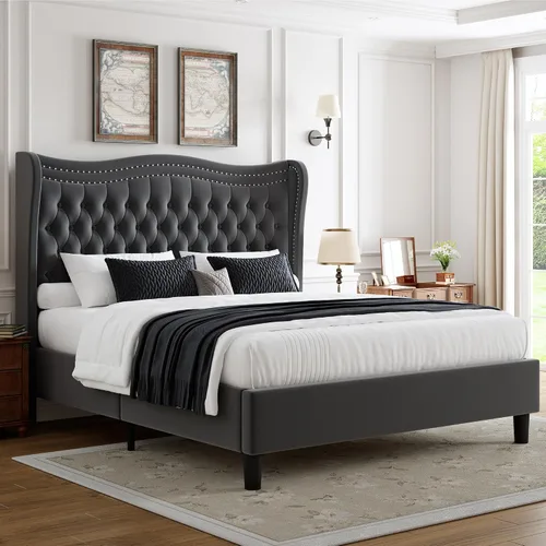 Vista 10 de Marco de Cama Full con Cabecera y Pie de Cama Altos, Marco de Cama Plataforma Tapizada en Terciopelo con Acolchado de Botones Profundos Tipo Beige
