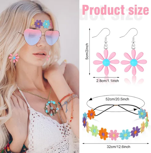 Vista 2 de Juego de 4 accesorios de disfraz hippie de los años 70 con signo de paz de los años 60 para mujer, collar, aretes de margarita, diadema de flores
