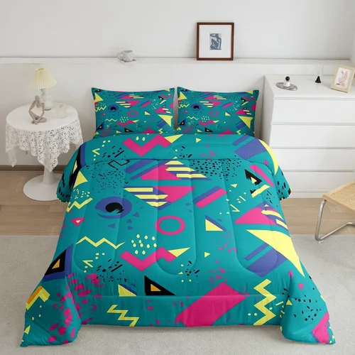 Vista 44 de Juego de edredón de estilo retro de los años 80, juego de ropa de cama de patrón geométrico abstracto, diseño urbano moderno con círculos